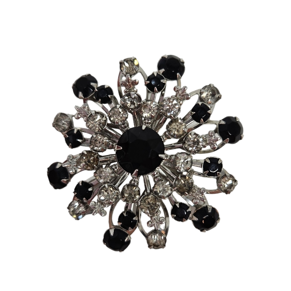 Vintage Glass Rhinestone Brooch Faceted Prong Set Black Clear Silver Tone